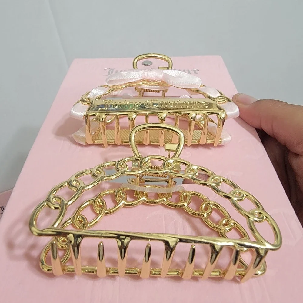 NEW JUICY COUTURE HAIR CLIPS Ribbon‎ Bow Gold Pink 2 Set Metal Claw